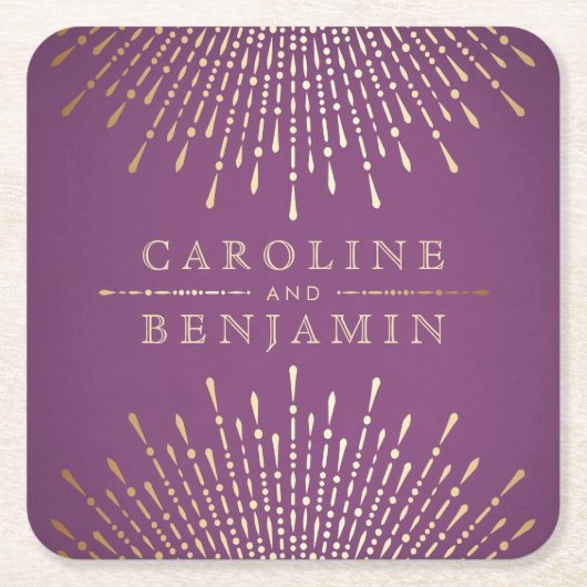 金ゴールドとパープルアートデコヴィンテージウェディングモノグラム スクエアペーパーコースター (正面)