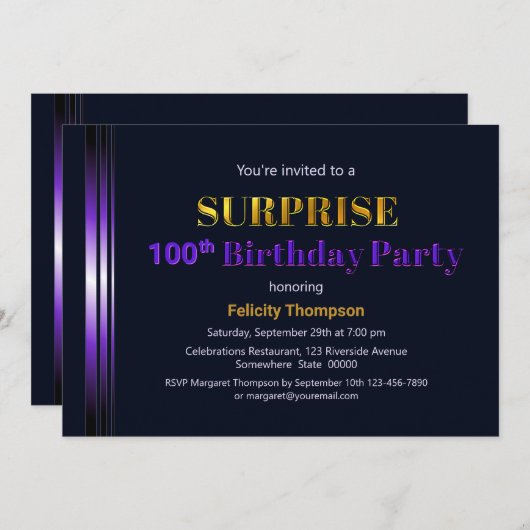 金ゴールドとパープルサプライズ100th誕生日パーティー 招待状 (正面/裏面)
