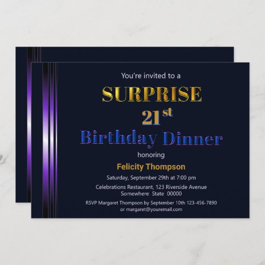 金ゴールドとパープルサプライズ21th誕生日ディナー 招待状 (正面/裏面)