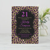 金ゴールドとパープルヒョウ印刷の誕生日パーティー 招待状 (スタンド正面)