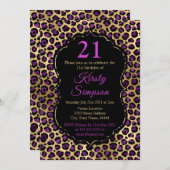 金ゴールドとパープルヒョウ印刷の誕生日パーティー 招待状 (正面/裏面)