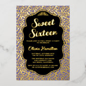 金ゴールドとパープルヒョウ印刷スウィート16 箔招待状 (正面)
