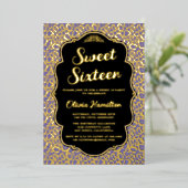 金ゴールドとパープルヒョウ印刷スウィート16 箔招待状 (立ち正面)
