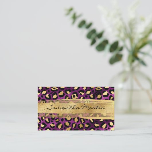 金ゴールドとパープルフォイルヒョウのブラシストローク 名刺 (スタンド正面)