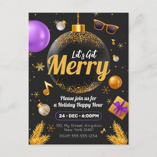 金ゴールドとパープル楽しいクリスマスおもしろいを手に入れよう インビテーションポストカード (正面)