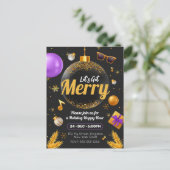 金ゴールドとパープル楽しいクリスマスおもしろいを手に入れよう インビテーションポストカード (スタンド正面)