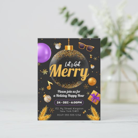金ゴールドとパープル楽しいクリスマスおもしろいを手に入れよう インビテーションポストカード (スタンド正面)
