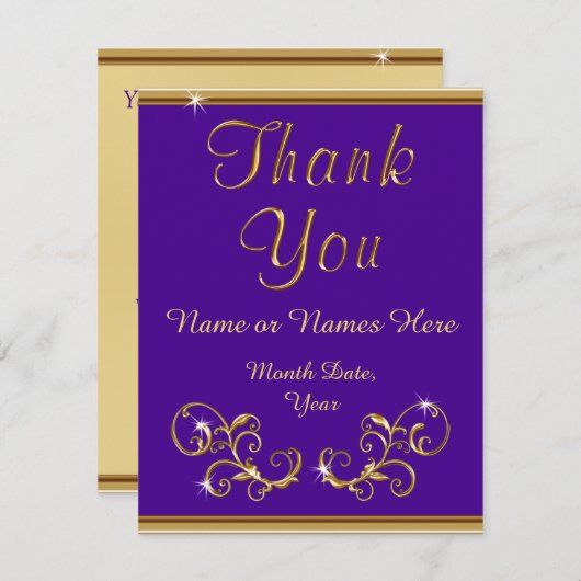 金ゴールドとパープル結婚のサンキューカード サンキューカード (正面/裏面)