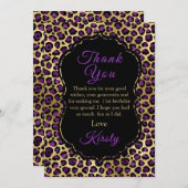 金ゴールドとパープル・レオパード・プリント誕生パーティー サンキューカード (正面/裏面)