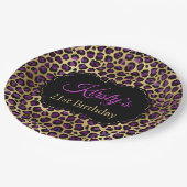 金ゴールドとパープル・レオパード・プリント誕生パーティー ペーパープレート (アングル)
