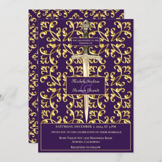 金ゴールドとパープ王室のル結婚式招待状 招待状 (正面/裏面)