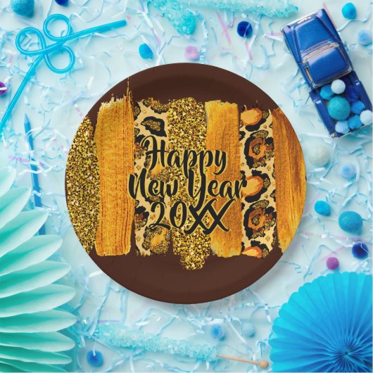 金ゴールドとヒョウのブラシストローク新年20xx 9インチ ペーパープレート (パーティー)