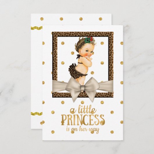 金ゴールドとヒョウ柄の女の子の赤ちゃんシャワー 招待状 (正面/裏面)