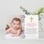金ゴールドとピンクのエレガントフローラの女の子のバプテスマ サンキューカード (スタンド正面)
