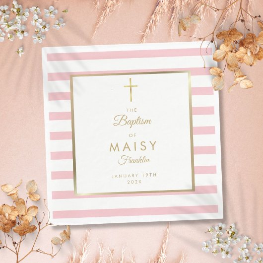 金ゴールドとピンクのストライプバプテスマ《キリスト教》洗礼式や命名式 スタンダードランチョンナプキン