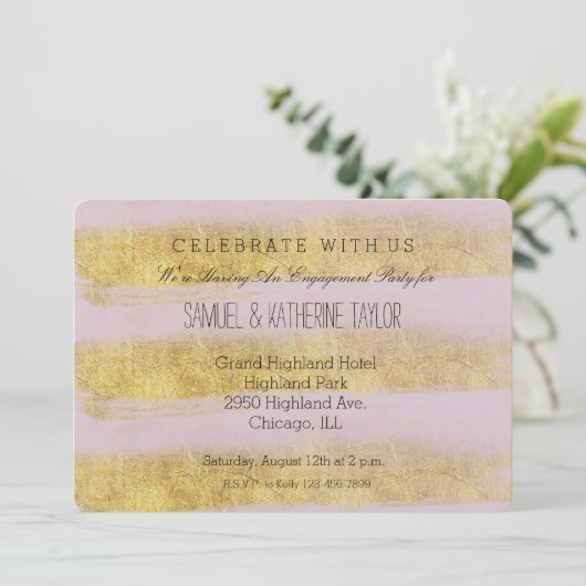 金ゴールドとピンクのストライプ婚約 招待状 (スタンド正面)