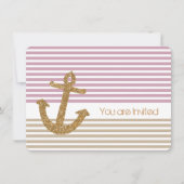 金ゴールドとピンクのストライプ誕生日 招待状 (正面)