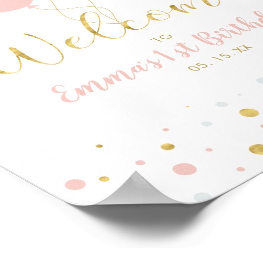 金ゴールドとピンクのバルーン |女の子の最初の誕生日へようこそ ポスター (角)