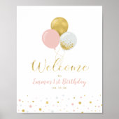 金ゴールドとピンクのバルーン |女の子の最初の誕生日へようこそ ポスター (正面)