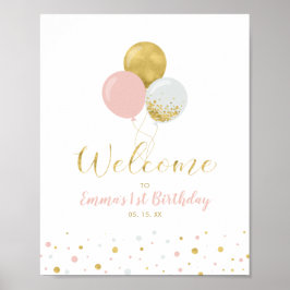金ゴールドとピンクのバルーン |女の子の最初の誕生日へようこそ ポスター