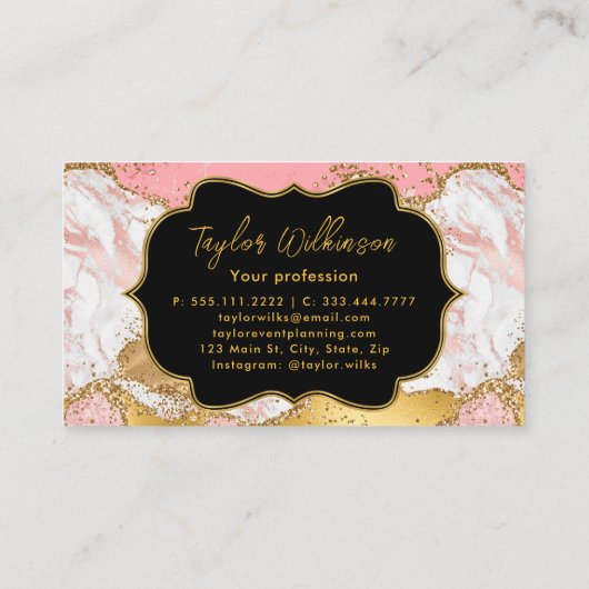 金ゴールドとピンクのフェイクグリッターシークンズアゲート 名刺 (裏面)