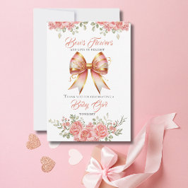 金ゴールドとピンクのフローラバウ赤ちゃんシャワー サンキューカード