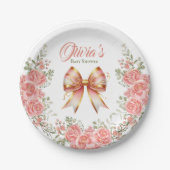 金ゴールドとピンクのフローラバウ赤ちゃんシャワー ペーパープレート (正面)