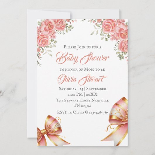 金ゴールドとピンクのフローラバウ赤ちゃんシャワー 招待状 (裏面)