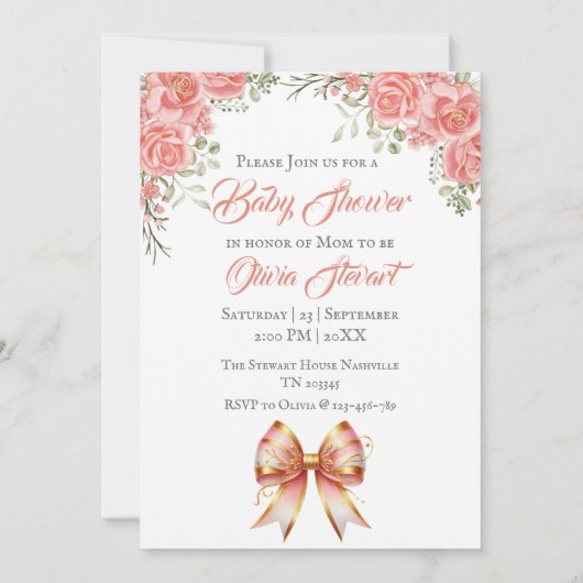 金ゴールドとピンクのフローラバウ赤ちゃんシャワー 招待状 (裏面)