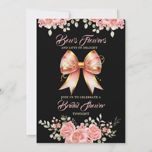 金ゴールドとピンクのフローラボウブライダルシャワー 招待状 (正面)