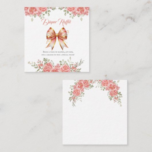 金ゴールドとピンクのフローラボウベビーシャワーおむつラッフェル エンクロージャーカード (正面/裏面)