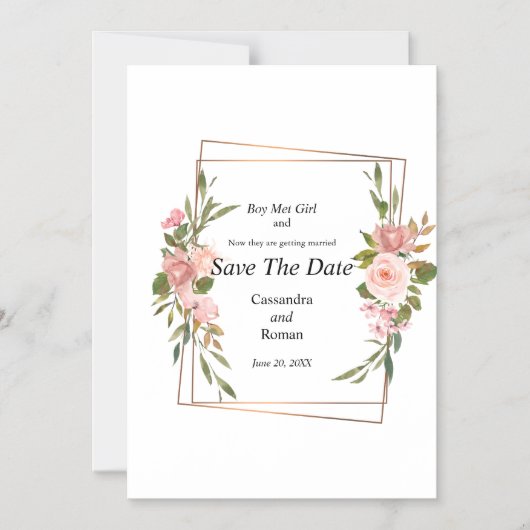 金ゴールドとピンクのフローラ結婚式の日付を保存 マグネット招待状 (正面)