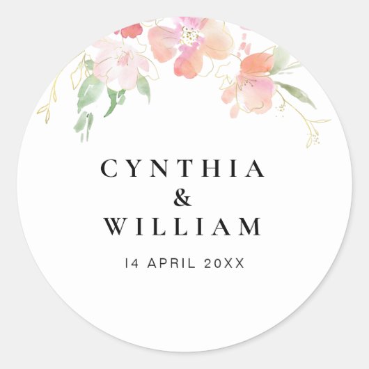 金ゴールドとピンクのフローラ結婚 ラウンドシール (正面)