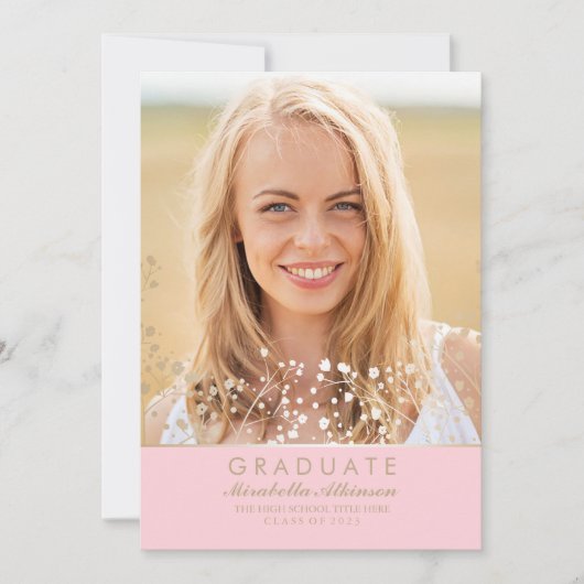 金ゴールドとピンクの写真の卒業パーティー発表 招待状 (正面)