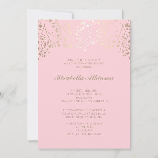 金ゴールドとピンクの写真の卒業パーティー発表 招待状 (裏面)