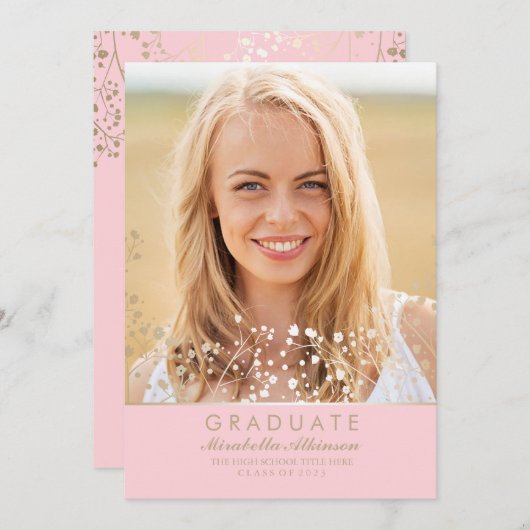 金ゴールドとピンクの写真の卒業パーティー発表 招待状 (正面/裏面)