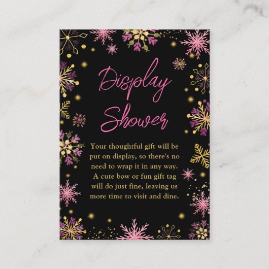 金ゴールドとピンクの冬の雪片ディスプレイシャワー エンクロージャーカード (正面)