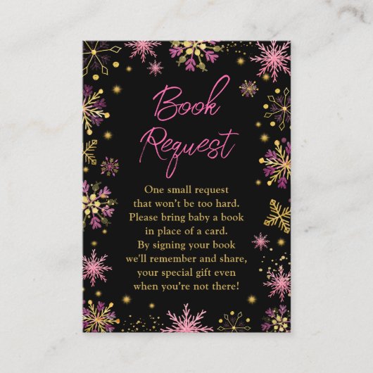 金ゴールドとピンクの冬の雪片ブックリクエスト エンクロージャーカード (正面)
