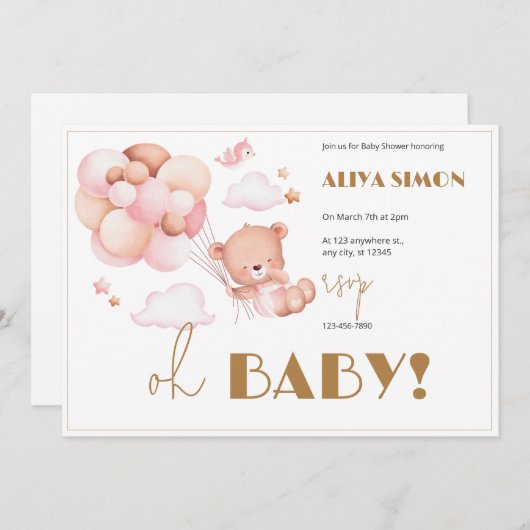 金ゴールドとピンクの女の子の赤ちゃんシャワー 招待状 (正面/裏面)