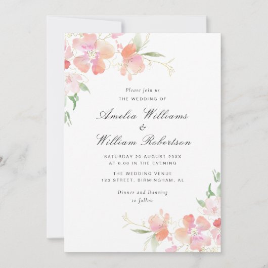 金ゴールドとピンクの植物フローラ結婚ズ 招待状 (正面)