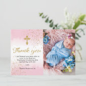 金ゴールドとピンクの水彩バプテスマ サンキューカード (スタンド正面)
