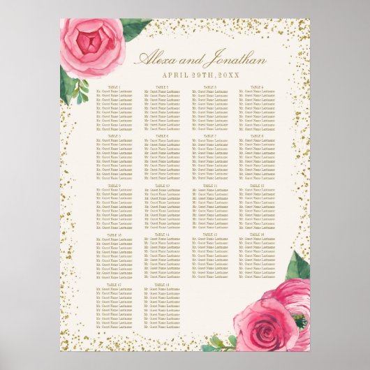金ゴールドとピンクの水彩バラのシーティングチャート ポスター (正面)