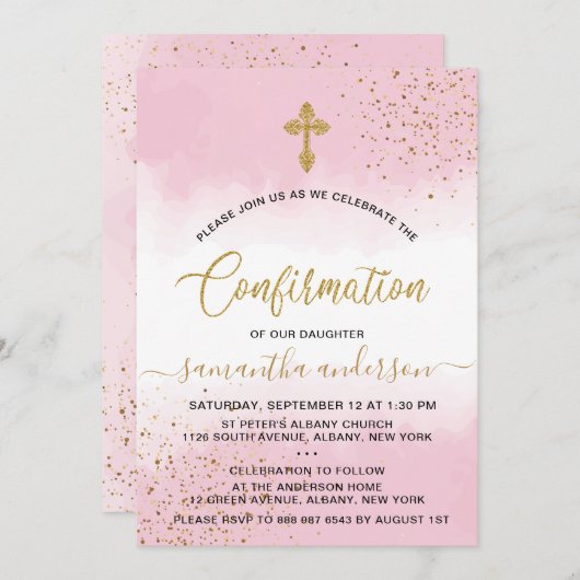 金ゴールドとピンクの水彩少女の確認 招待状 (正面/裏面)