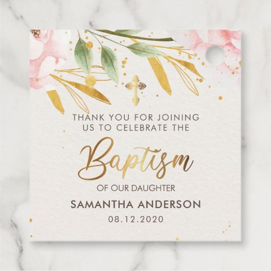 金ゴールドとピンクの水色の女の子バプテスマありがとう フェイバータグ (裏面)