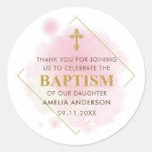 金ゴールドとピンクの水色の女の子バプテスマありがとう ラウンドシール (正面)