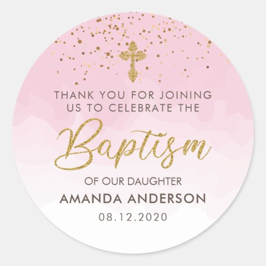 金ゴールドとピンクの水色の女の子バプテスマありがとう ラウンドシール (正面)