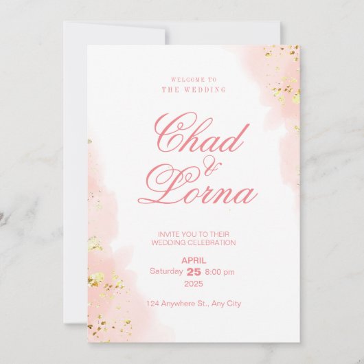 金ゴールドとピンクの結婚式招待状カード 招待状 (正面)