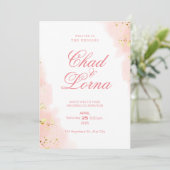 金ゴールドとピンクの結婚式招待状カード 招待状 (スタンド正面)