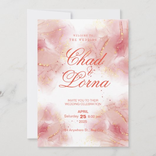 金ゴールドとピンクの結婚式招待状カード 招待状 (正面)