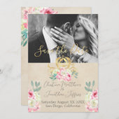 金ゴールドとピンクの花おとぎ結婚話 セーブザデート (正面/裏面)